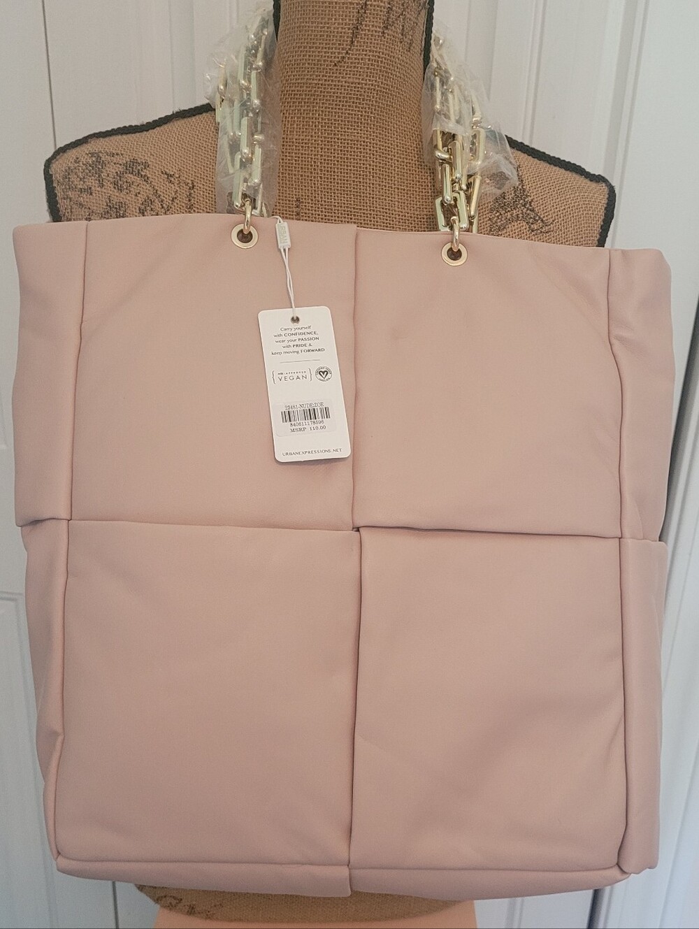 URBAN EXPRESSIONS Quilted Tote Bag w/Gold Chain Handle, NWT, Nude, CLASSY CHIC!